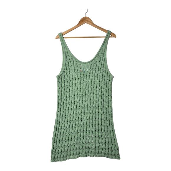 Free People FP Beach Crochet Tank Top sz S Green Open Knit Oversized Boho Hippie - Picture 1 of 10